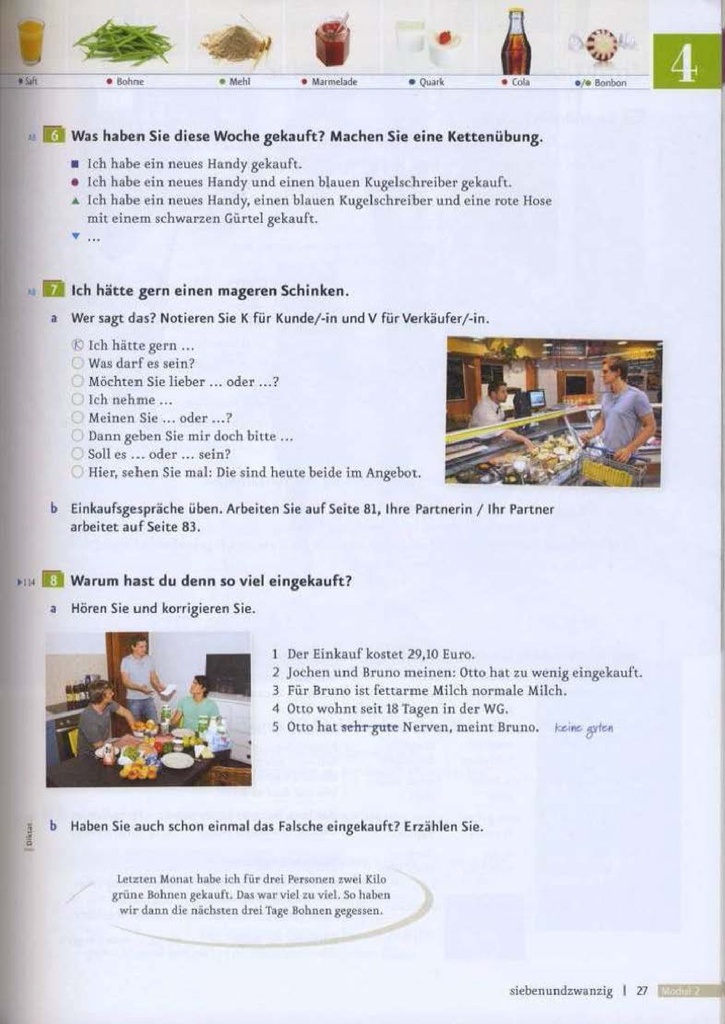 Was haben Sie diese Woche gekauft? Machen Sie eine Kettenübung. (seite 27)