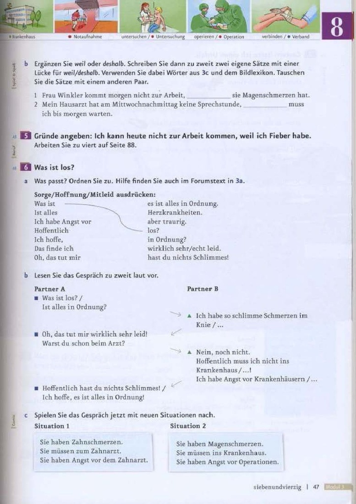 Gründe angeben: Ich kann heute nicht zur Arbeit kommen, weil ich Fieber habe. (seite 47)