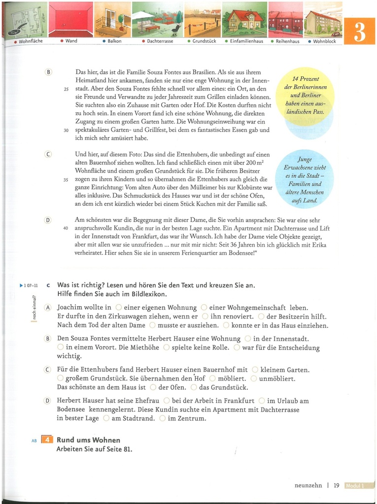 Was ist richtig? Lesen und hören Sie den Text und kreuzen Sie an.Hilfe finden Sie auch im Bildlexikon. (seite 19)