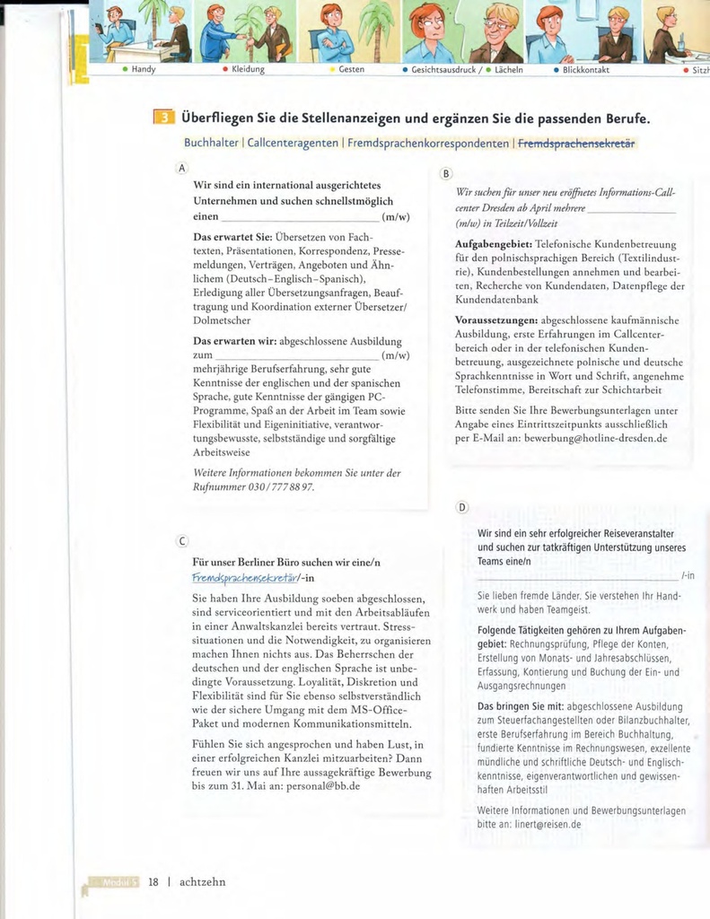 B1.2 Überfliegen Sie die Stellenanzeigen und ergänzen Sie die passenden Berufe. (seite 18)