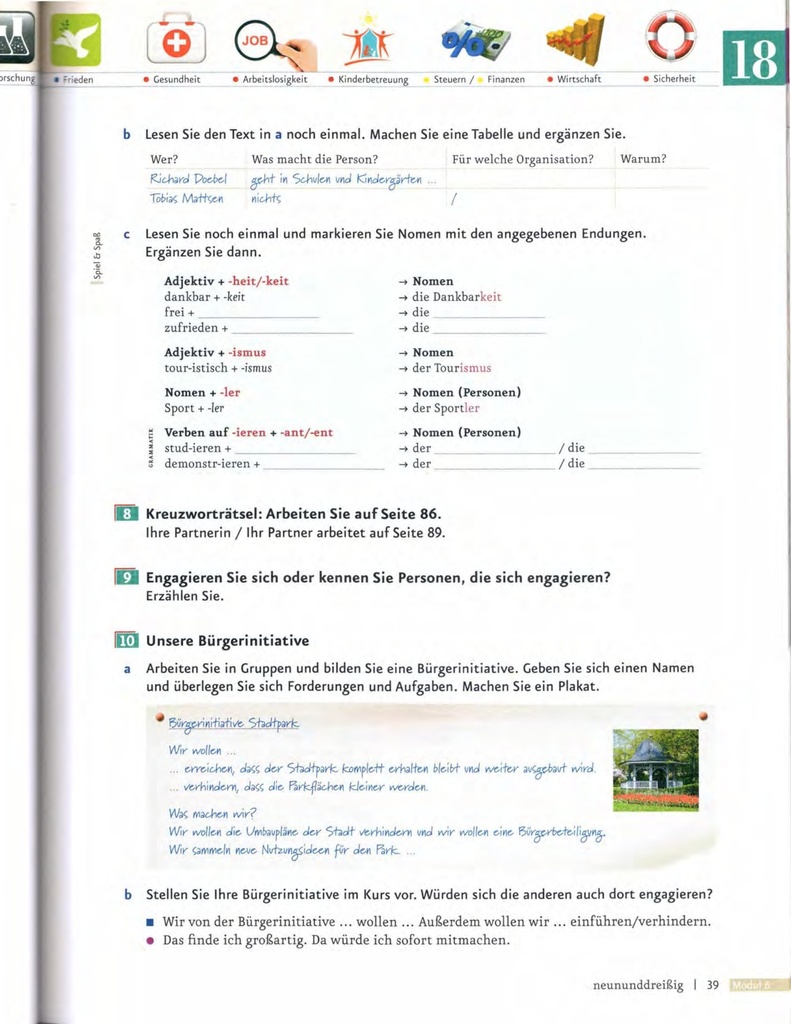 B1.2 Lesen Sie noch einmal und markieren Sie Nomen mit den angegebenen Endungen. (seite 39)