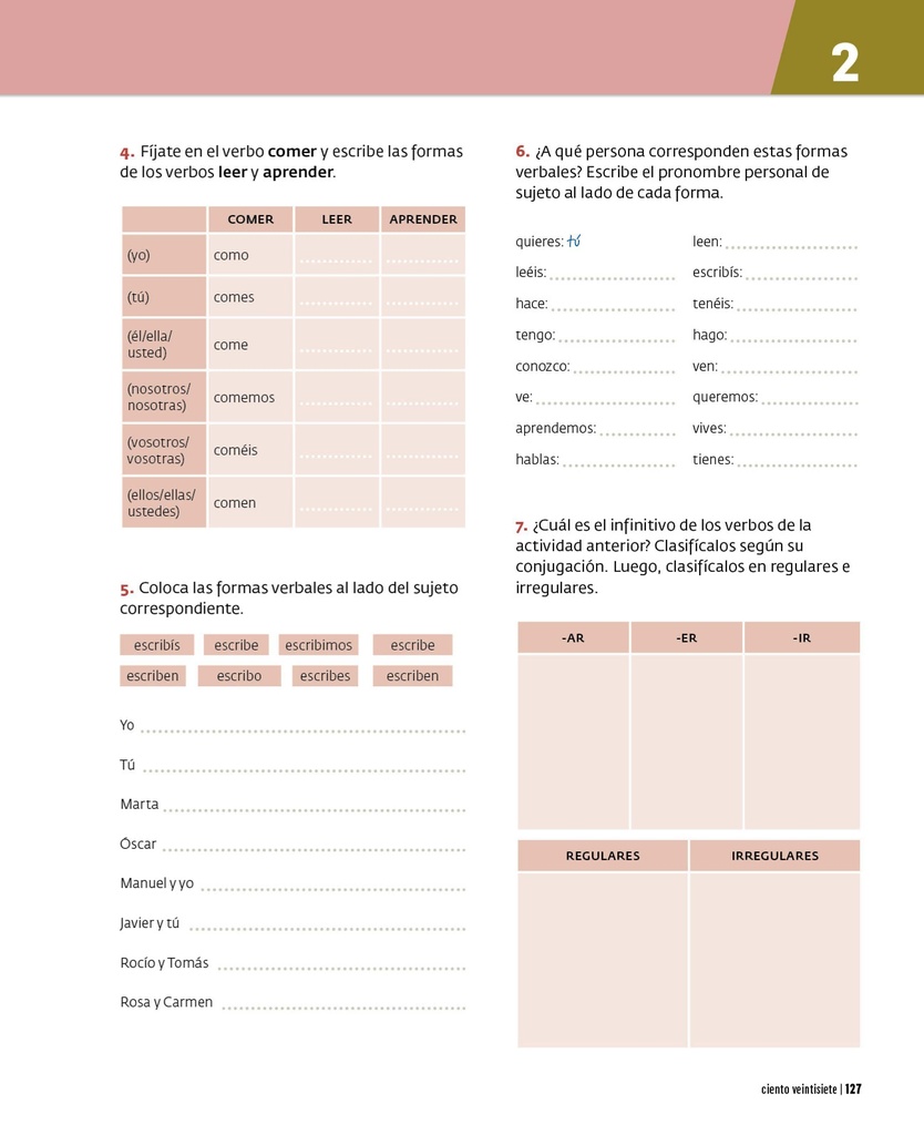 Fijate en el verbo comer y escribe las formas de los verbos leer y aprender.