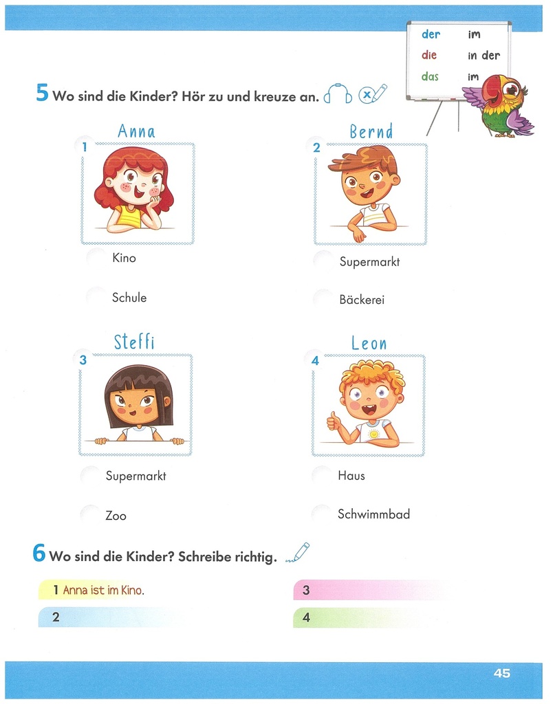 3. 5. Wo sin die Kinder? Hör zu und kreuze an.