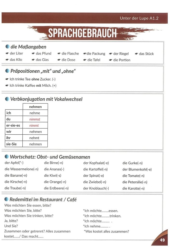 SPRACHGEBRAUCH / Die Massangaben (seite 49)