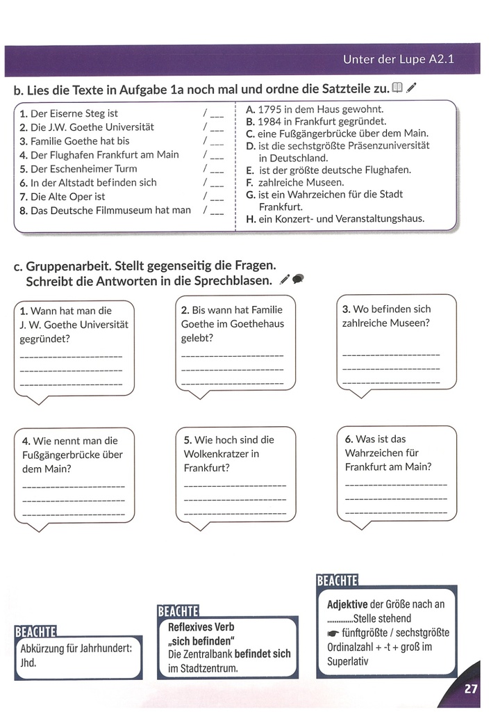b. Lies die Texte in Aufgabe 1a noch mal und ordne die Satzteile zu