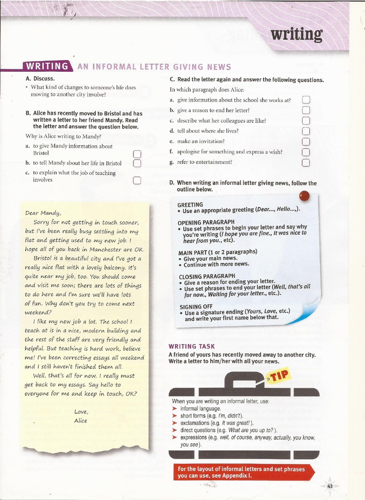 WRITING / AN INFORMAL LETTER GIVING NEWS