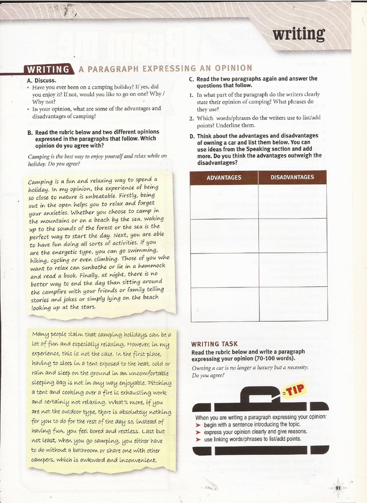 WRITING / A PARAGRAPH EXPRESSING AN OPINION (page 91)