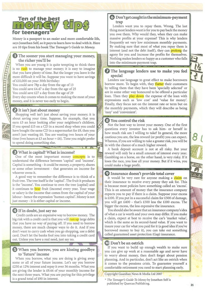Ten of the best money tip$ for teenagers