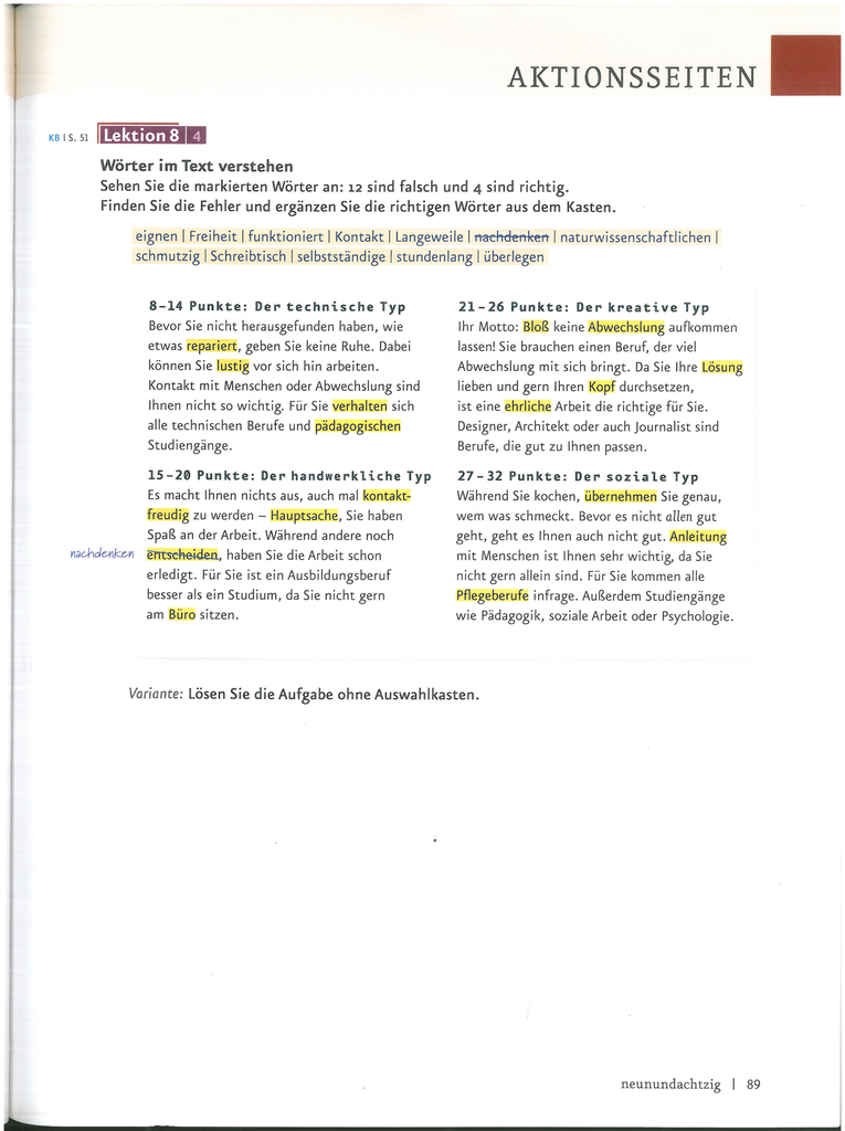 B1.1 AKTIONSSEITEN / Wörter im Text Verstehen  (seite 89)