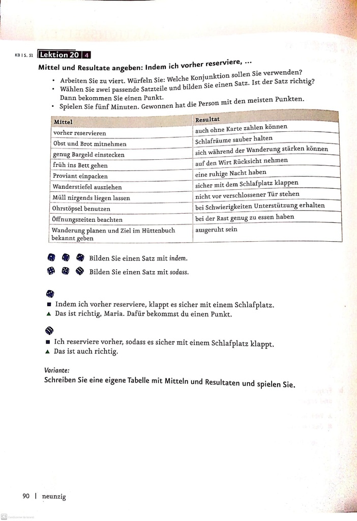 B1.2 Mittel und Resultate angeben: Indem ich vorher reserviere, ... (seite 90)