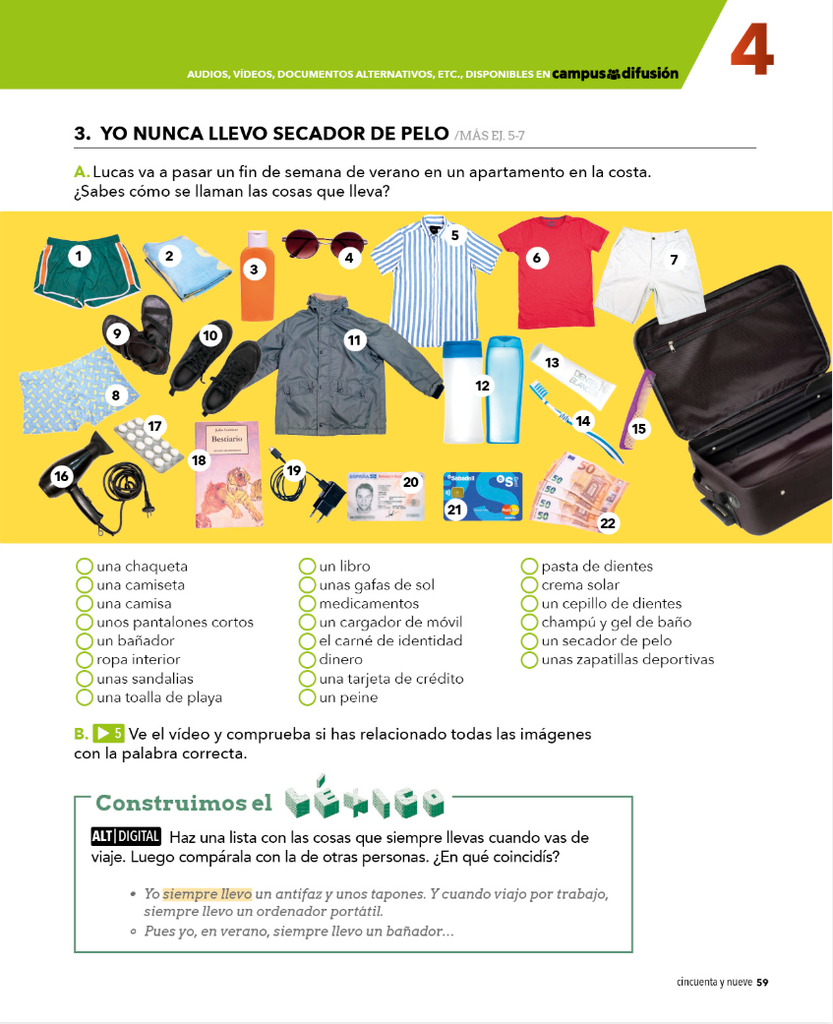 3. YO NUNCA LLEVO SECADOR DE PELO (página 59)