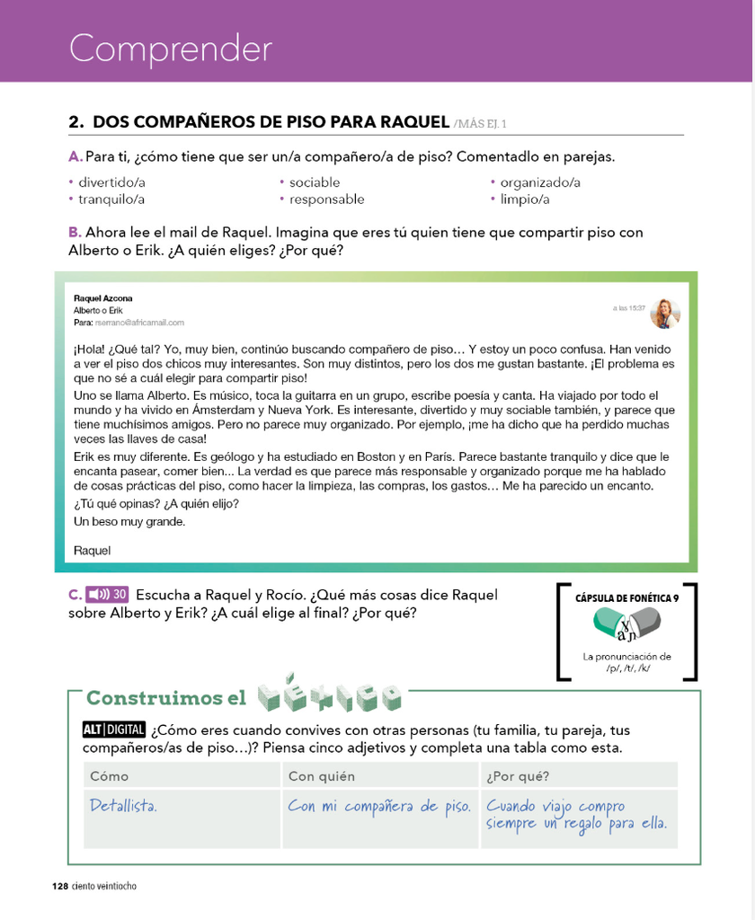 2. DOS COMPAÑEROS DE PISO PARA RAQUEL (página 128)